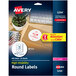 A package of Avery 2 1/2" high-visibility round white labels.