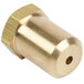 A close-up of a brass circular metal nut with a hole in the middle.