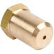A close-up of a brass circular metal object with a threaded nut.