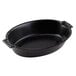 A black oval foam casserole dish with handles.