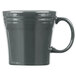 A grey mug with a handle.