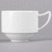 A white porcelain tea cup with a handle.