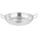 A silver Vollrath stainless steel French omelet pan with two handles.