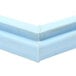 A close up of a blue plastic corner on a white background.