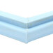 A close up of a blue plastic corner on a white background.