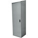 A grey stainless steel cabinet with a door.