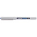 A Uni-Ball Vision pen with a blue tip and gray barrel.