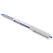A close-up of a Uni-Ball Vision pen with blue ink.