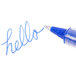The gray and blue Uni-Ball Vision pen with "hello" written in blue.