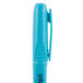 A close-up of a Universal blue chisel tip highlighter pen with a black pocket clip.