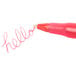 A close-up of a red Bic round stic ballpoint pen with the word hello written on paper.