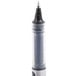 A Uni-ball Vision roller ball pen with a gray barrel, black cap, and silver tip in a plastic container with a black lid.