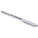 A close-up of a Uni-ball Vision pen with a gray barrel and silver tip.