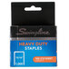 A blue box of Swingline heavy-duty staples with a blue and orange label.