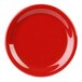 A red plate with a white surface and border.