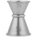 An American Metalcraft stainless steel Japanese style jigger with measurements on a metal cup.