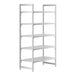 A white plastic Cambro Camshelving Premium shelving unit with 5 vented shelves.