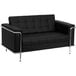 A Flash Furniture black leather loveseat with chrome legs.