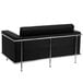 A Flash Furniture black leather loveseat with stainless steel legs.