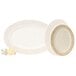 A white oval melamine platter with gold trim.