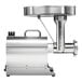 A close-up of a Weston stainless steel meat grinder with a round lid.