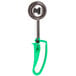 A Vollrath green extended length disher with a green handle.