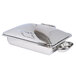 A silver rectangular stainless steel chafer with a hinged dome cover.