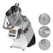 A silver Hobart food processor with a circular metal full moon pusher and 3 discs.