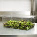 A clear plastic container of green and red lettuce on a counter in a salad bar.