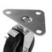 A metal plate with a black rubber wheel and screw attachment.
