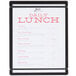 a menu with red text on it