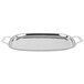 A Vollrath stainless steel oblong serving tray with handles.