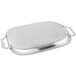 A Vollrath stainless steel oblong serving tray with handles.