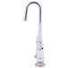 A silver Equip by T&S deck-mounted faucet with a gooseneck spout and lever handles.