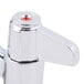 A chrome Equip by T&S deck-mounted faucet with gooseneck spout and red lever handles.