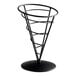 A Tablecraft black metal cone basket with a spiral design.