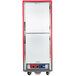 A white Metro C5 holding and proofing cabinet with a red frame and silver doors.