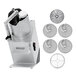 A silver Hobart food processor with circular discs and a grid.