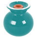 A turquoise salt shaker with a white lid.