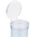 A clear plastic San Jamar wall mount cup dispenser with a flip cap.