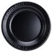 A Dart black laminated foam plate with a black rim.