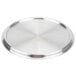 A silver stainless steel cover with a loop handle.