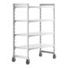 A white Cambro Camshelving® Premium mobile shelving unit with 4 solid shelves and wheels.