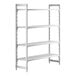 A white plastic Cambro Camshelving Premium shelving unit with 4 vented shelves.