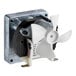 A metal fan with a white blade.
