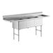 A stainless steel Advance Tabco commercial sink with three compartments and two drainboards.