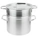 A silver Vollrath aluminum double boiler with two lids.