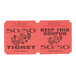 A pair of red 50/50 Marquee Raffle tickets with black text.