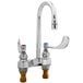A chrome T&S deck-mount faucet with gooseneck spout and wrist action handles.