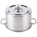 A stainless steel bowl assembly with two handles.